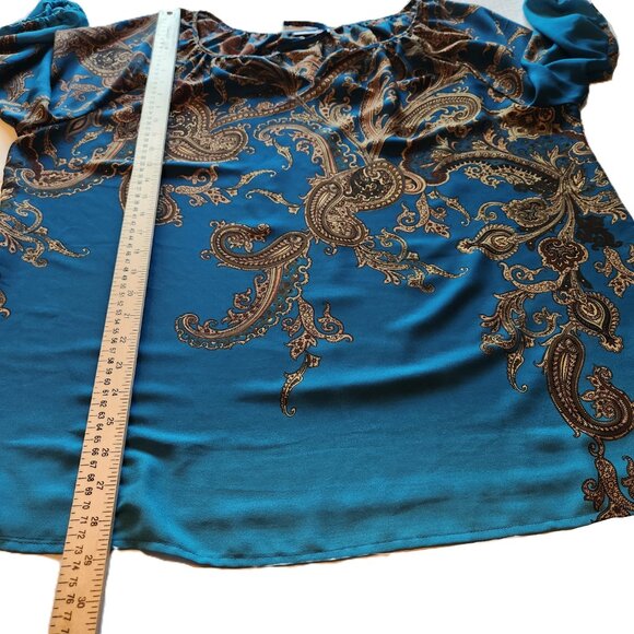 ❤️ 4/$20 Susan Graver top Women's 18W Teal tan paisley Keyhole tie 3/4 sleeve - Picture 6 of 13